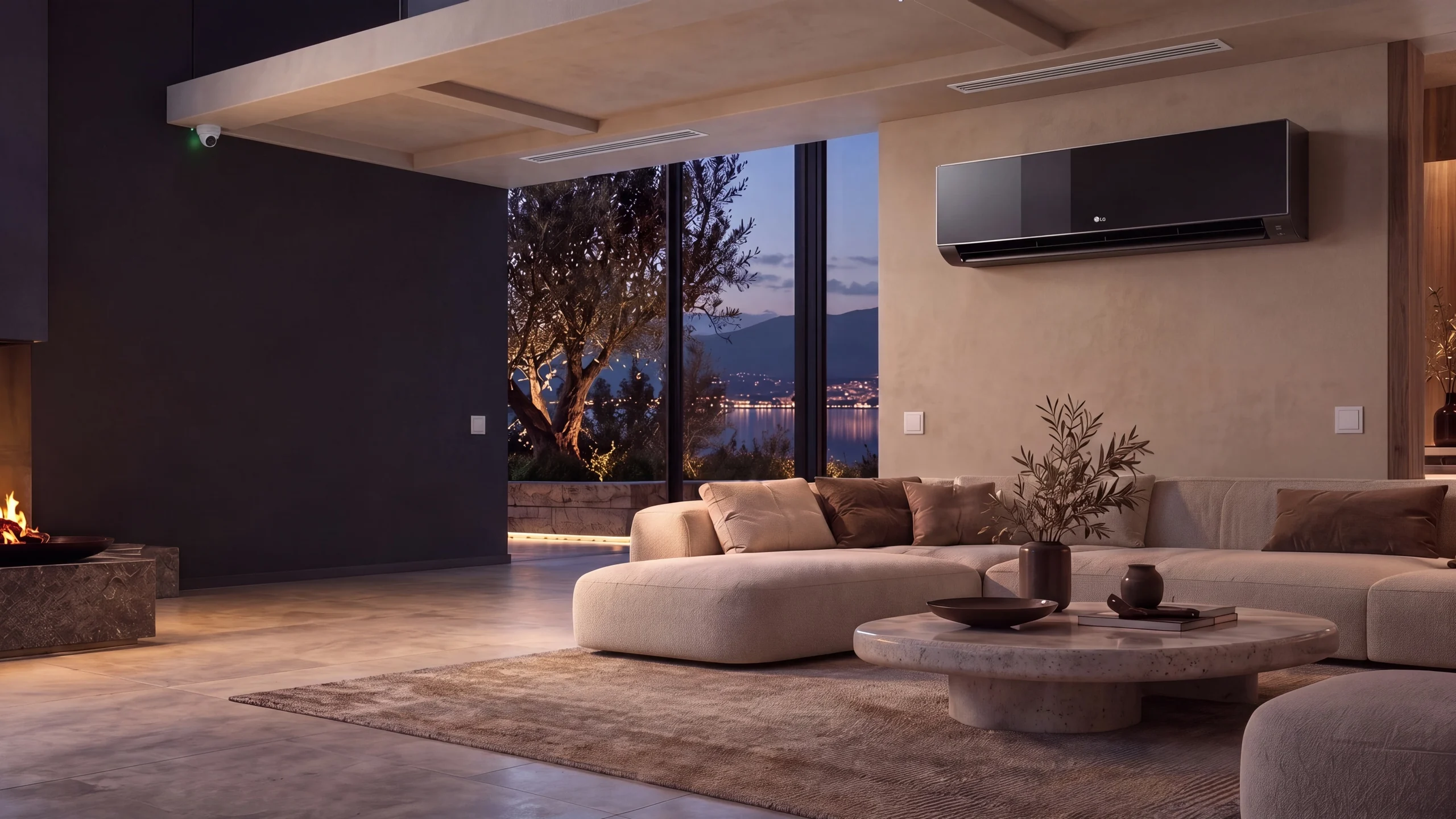 Un salone contemporaneo con climatizzatore LG; gli impianti nascosti in pareti, soffitto e pavimento compaiono come in una vista a raggi X (immagine illustrativa)