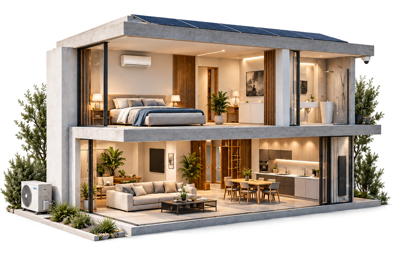 Casa in sezione con climatizzazione, riscaldamento, elettrico, sicurezza e idrico-sanitario: illustrazione dei servizi