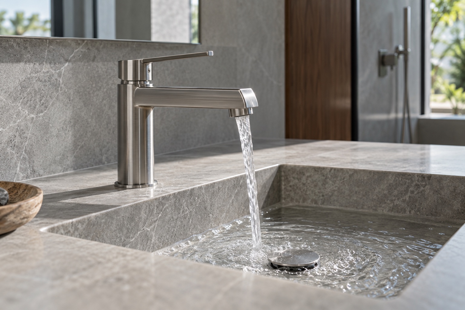 Rubinetteria in acciaio e acqua corrente su un lavabo in pietra