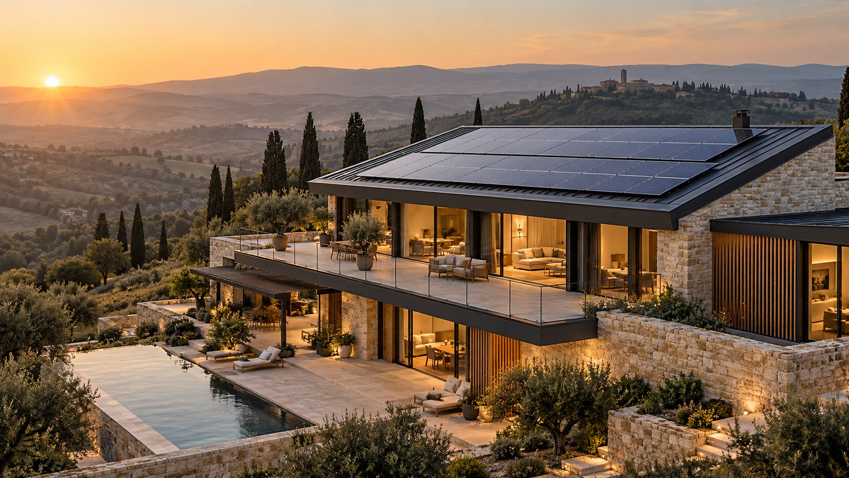 Scena illustrativa: pannelli fotovoltaici sul tetto di una casa contemporanea