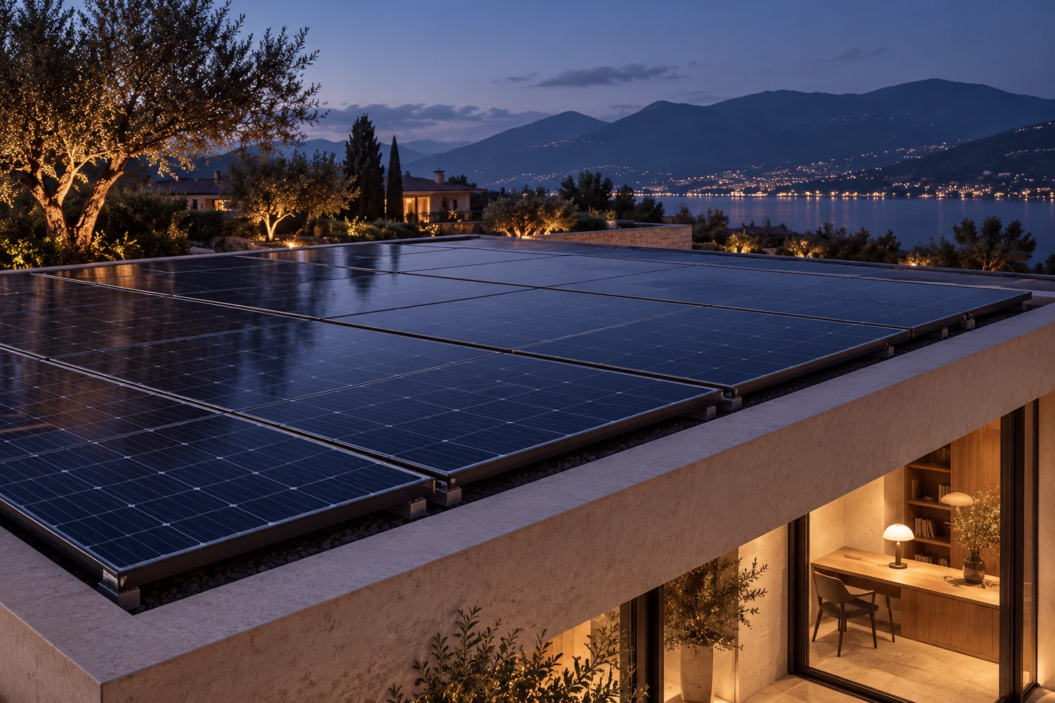 Pannelli fotovoltaici su una copertura al crepuscolo