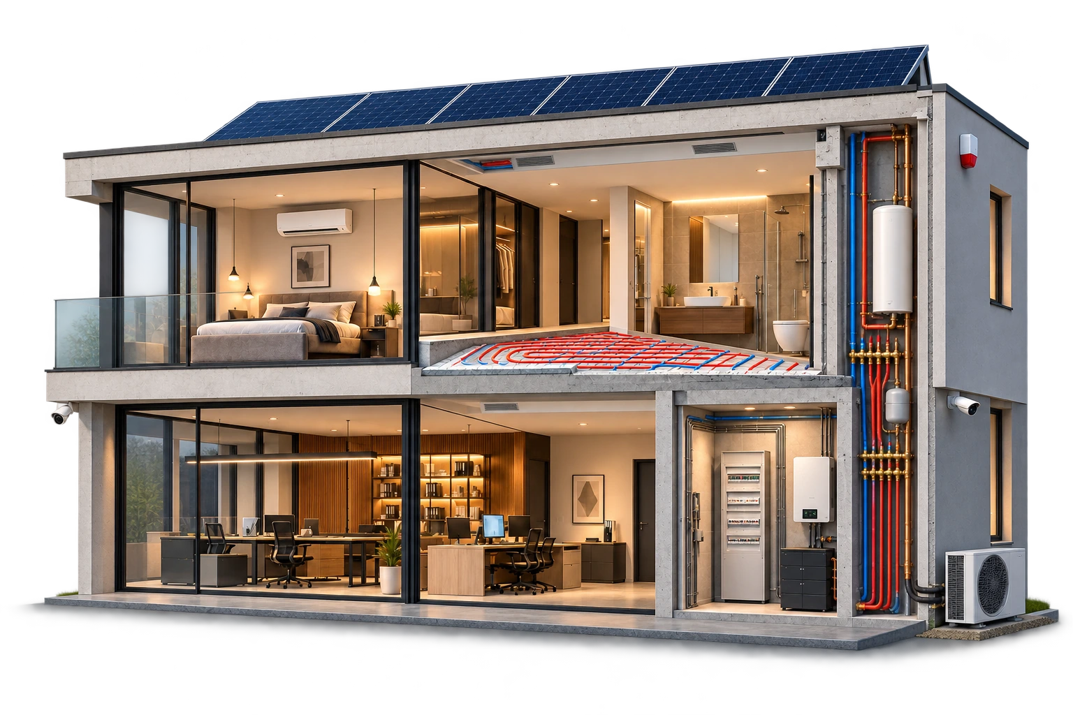 Sezione illustrativa di un edificio: fotovoltaico sul tetto, climatizzazione, ventilazione nei controsoffitti, pavimento radiante, impianti idrici ed elettrici, pompa di calore, videocamere e allarme.