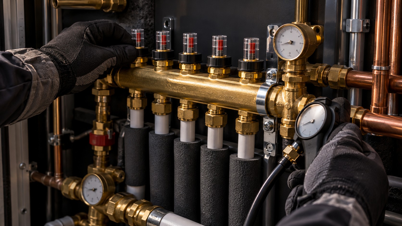 Scena illustrativa: mani con guanti controllano un collettore idronico in ottone